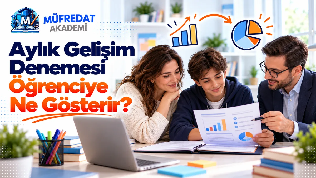 Masada bir rapor kâğıdındaki sütun ve pasta grafiklerine birlikte bakan gülümseyen bir öğrenci, annesi ve kalemle raporu gösteren gözlüklü bir öğretmen; üstte yükselen sütun grafiğinden pasta grafiğe uzanan ok; başlık: Aylık Gelişim Denemesi Öğrenciye Ne Gösterir?