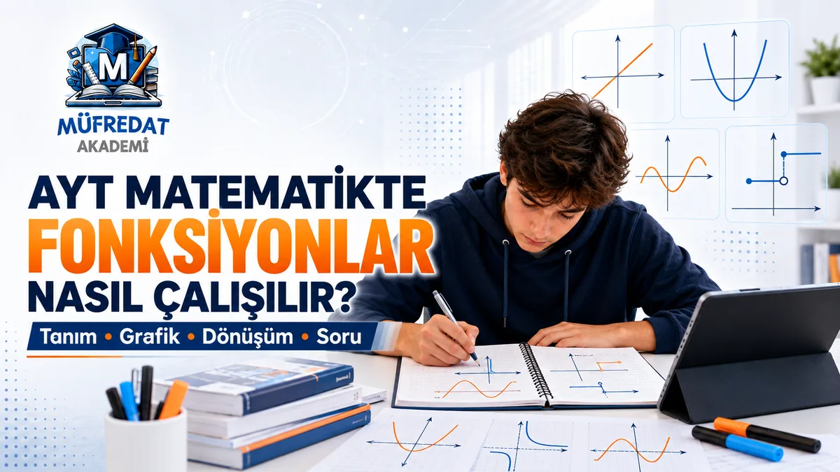 Açık defterine fonksiyon grafikleri çizen öğrenci; masada kitaplar, kalemler ve tablet, arkada doğru, parabol, sinüs eğrisi ve parçalı fonksiyon grafiklerinden oluşan kartlar; görselde "AYT Matematikte Fonksiyonlar Nasıl Çalışılır?" ve "Tanım, Grafik, Dönüşüm, Soru" yazıyor.