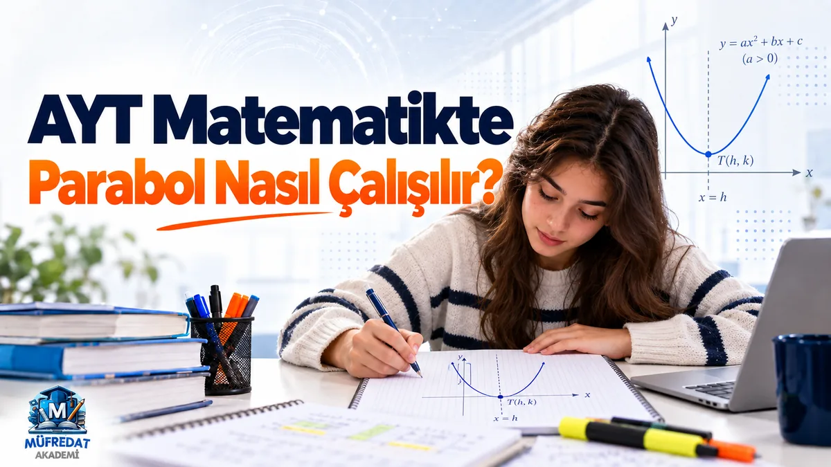 Defterine tepe noktası T(h, k) ve simetri ekseni x = h işaretlenmiş bir parabol çizen genç kız; arkada y = ax² + bx + c (a > 0) yazılı parabol grafiği, masada kitaplar ve dizüstü bilgisayar; görselde "AYT Matematikte Parabol Nasıl Çalışılır?" yazıyor.