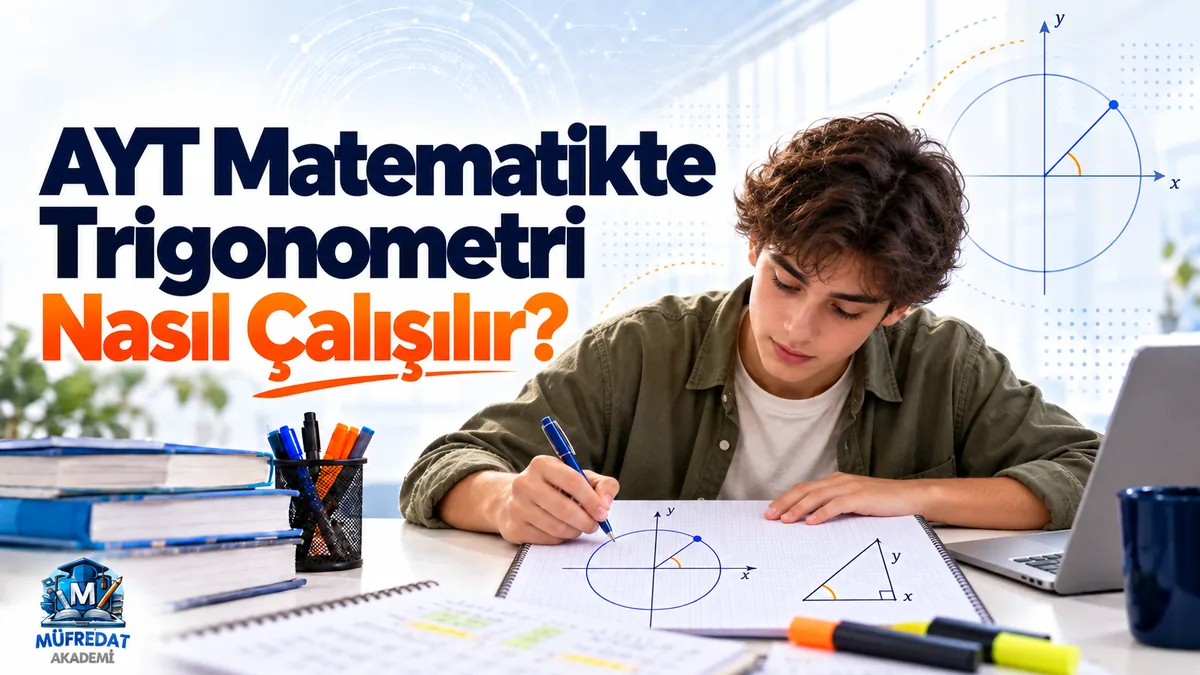 Defterine birim çember ve dik üçgen çizen genç öğrenci; arkada x ve y eksenli birim çember üzerinde işaretlenmiş bir açı, masada kitaplar, kalemler ve dizüstü bilgisayar; görselde "AYT Matematikte Trigonometri Nasıl Çalışılır?" yazıyor.