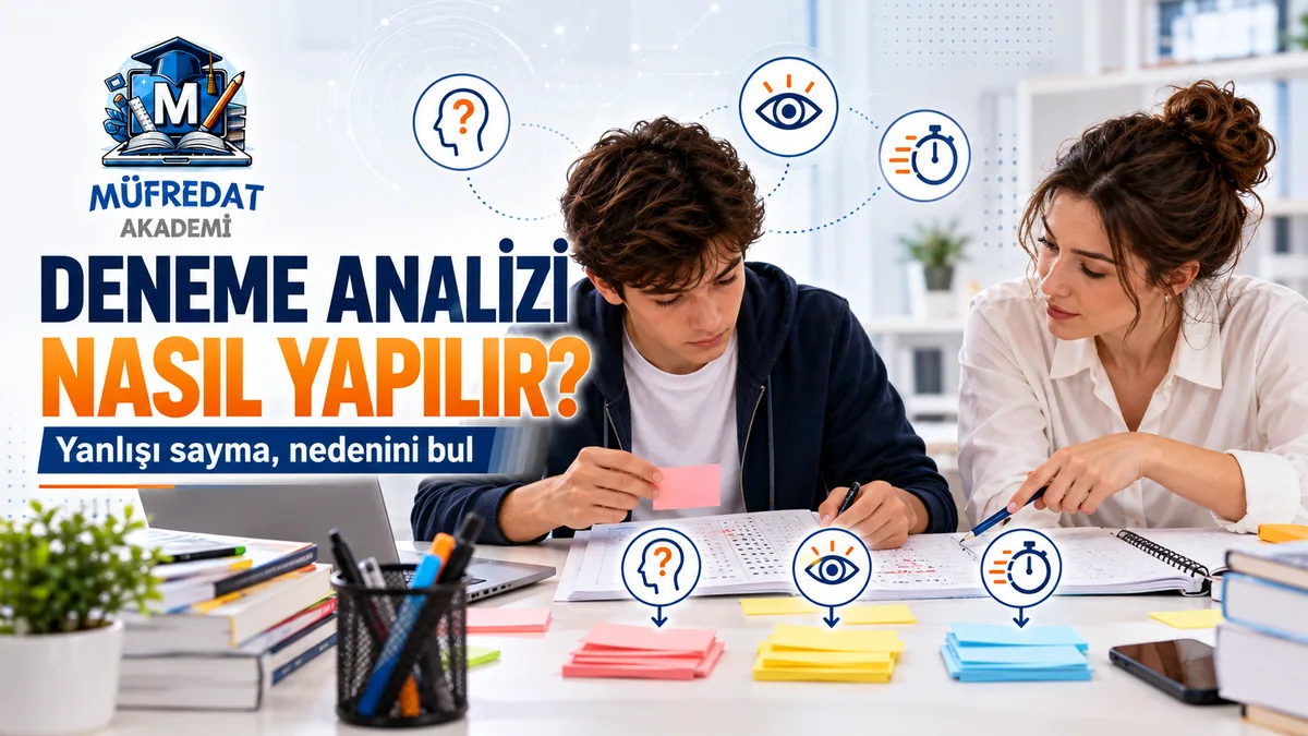 Masada deneme kitapçığı ve optik formla çalışan genç bir öğrenci ile yanında kalemle bir soruyu gösteren öğretmen; kitapçığın önünde beyin, göz ve kronometre simgeleriyle ayrılmış pembe, sarı ve mavi yapışkan not destesi; başlık: Deneme Analizi Nasıl Yapılır? Alt yazı: Yanlışı sayma, nedenini bul