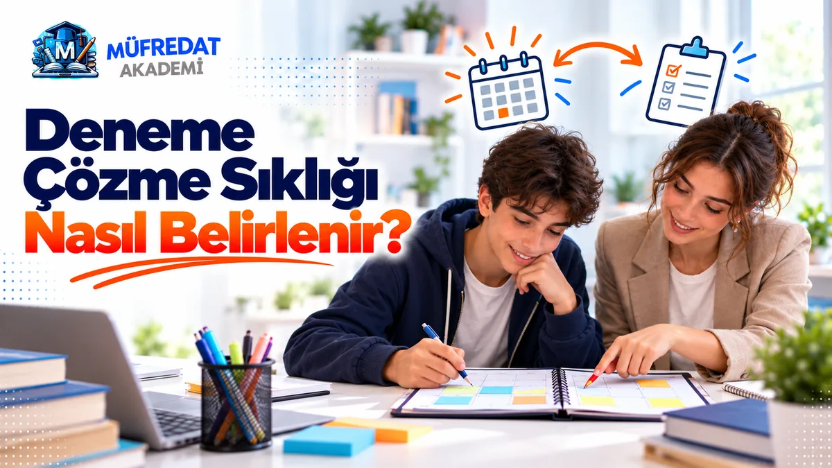 Masada açık bir planlama defterinin renkli kutucuklarına birlikte bakan gülümseyen bir öğrenci ile yanındaki kadın öğretmen; üstte takvim ve tikli kontrol listesi simgeleri arasında çift yönlü ok; başlık: Deneme Çözme Sıklığı Nasıl Belirlenir?