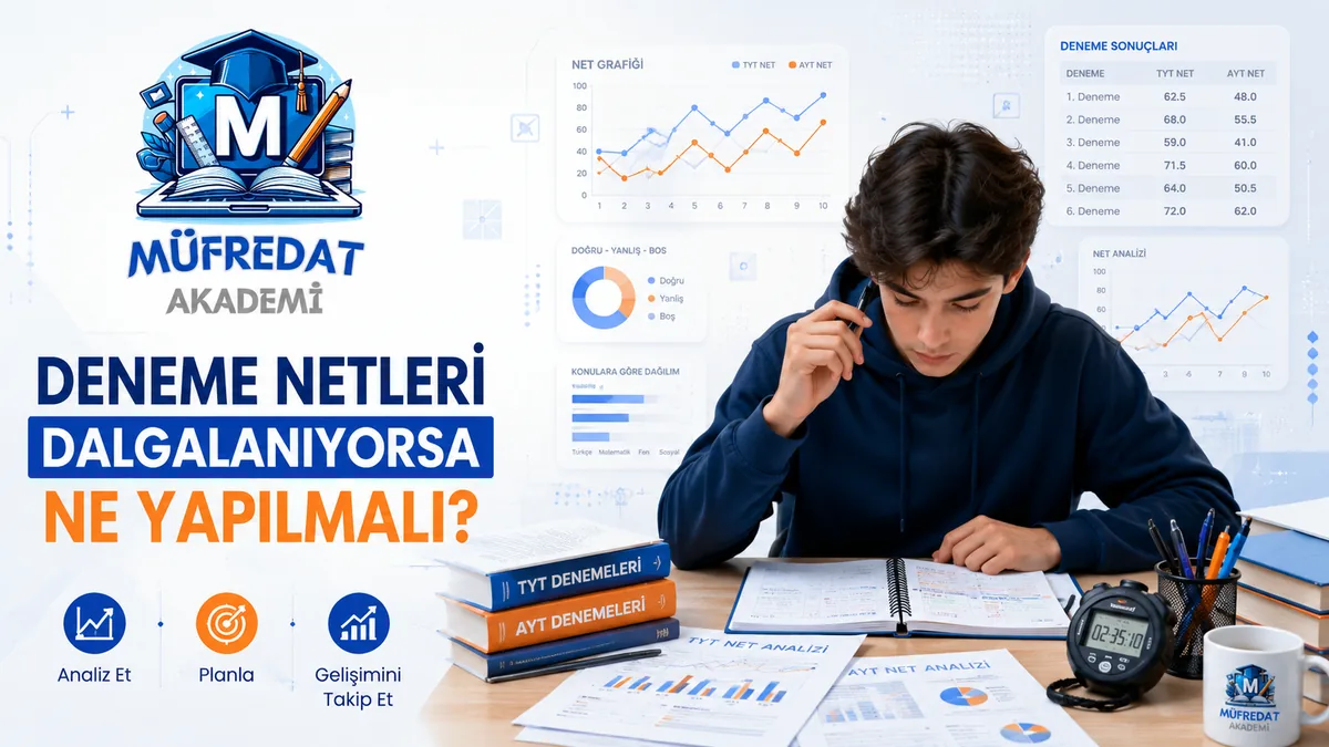 Masada TYT ve AYT deneme kitapları, kronometre ve net analizi kâğıtları arasında defterine yazan genç bir öğrenci; arka planda inip çıkan TYT ve AYT net grafikleri, deneme sonuçları tablosu ve doğru-yanlış-boş halka grafiği; başlık: Deneme Netleri Dalgalanıyorsa Ne Yapılmalı? Altta Analiz Et, Planla, Gelişimini Takip Et simgeleri