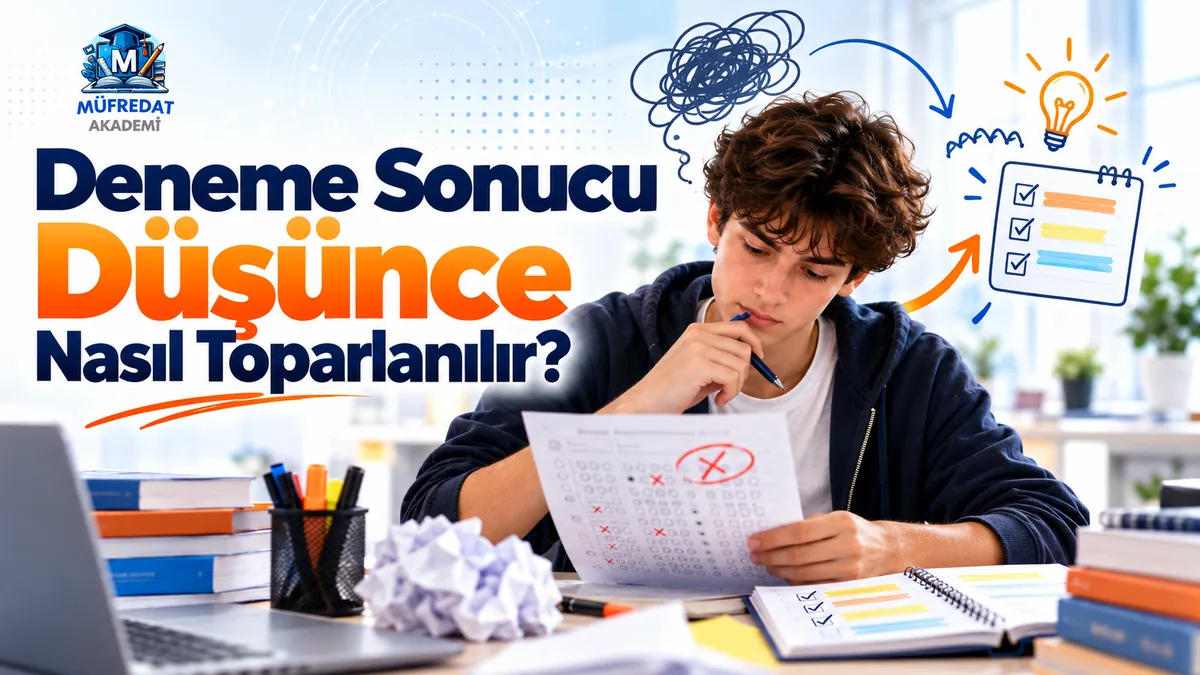 Masada kırmızı çarpılarla işaretlenmiş optik formu elinde tutan, kalemi çenesinde düşünceli bir genç; önde buruşturulmuş kâğıt ve açık defter, sağ üstte karmaşık bir karalamadan ampule ve tikli bir kontrol listesine giden oklar; başlık: Deneme Sonucu Düşünce Nasıl Toparlanılır?