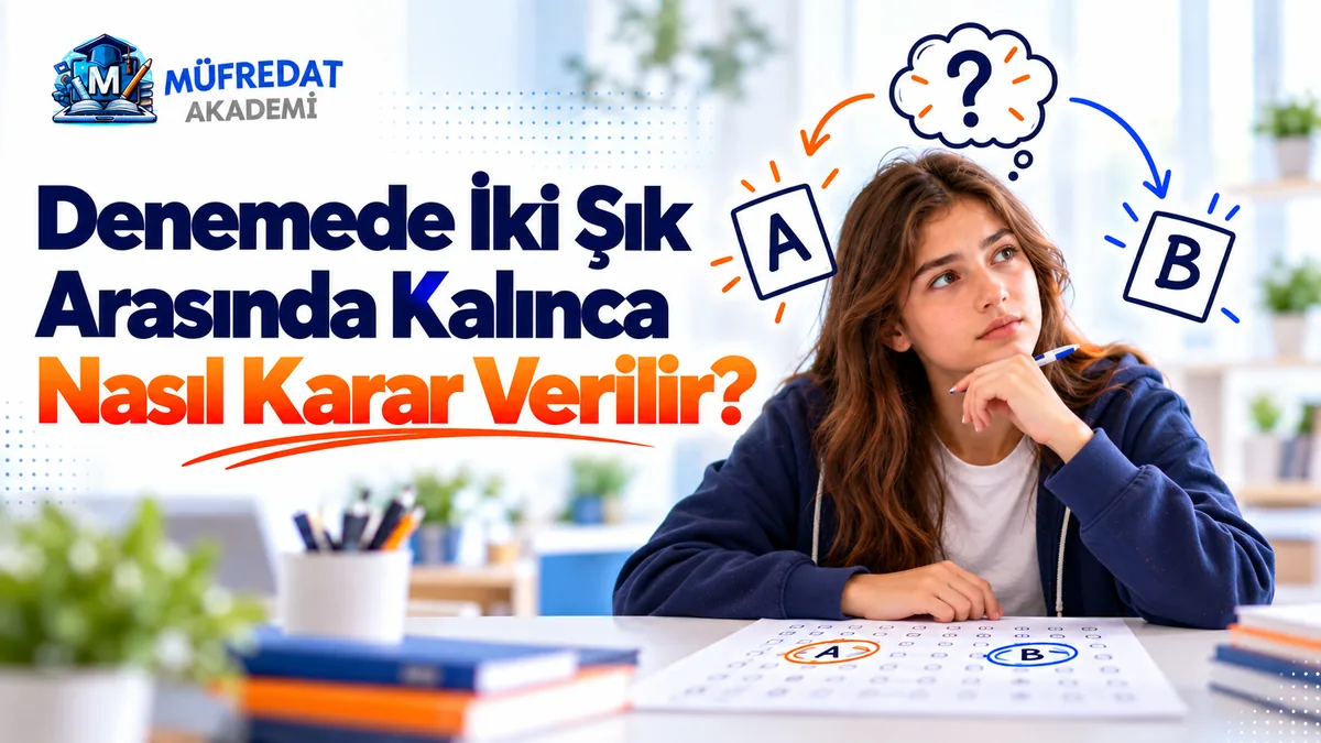 Masada optik formun başında, kalemi çenesinde düşünceli bakan uzun saçlı bir öğrenci; başının üzerinde soru işaretli düşünce balonundan A ve B harfli kutulara giden turuncu ve mavi oklar, optik formda A ve B şıkları daire içine alınmış; başlık: Denemede İki Şık Arasında Kalınca Nasıl Karar Verilir?