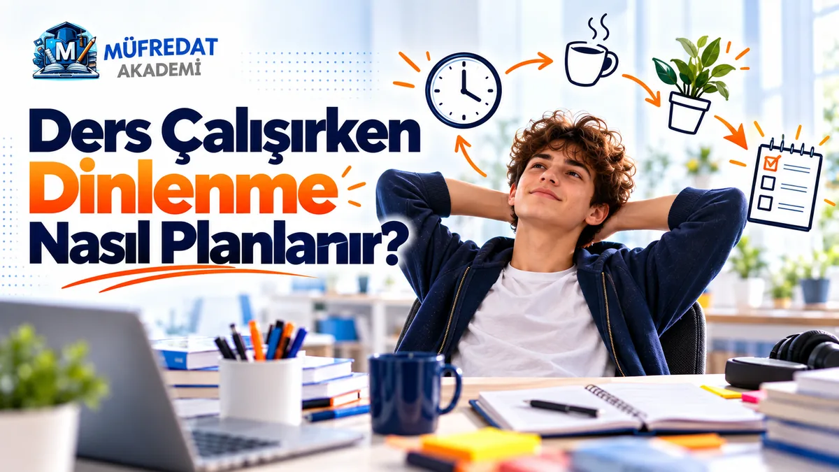 Çalışma masasında ellerini başının arkasında birleştirip gülümseyerek geriye yaslanan genç öğrenci; masada açık defter, kupa ve kitaplar, üst tarafta saatten kahve fincanına, bitkiye ve işaretli yapılacaklar listesine uzanan ok döngüsü. Görselde 'Ders Çalışırken Dinlenme Nasıl Planlanır?' yazıyor.