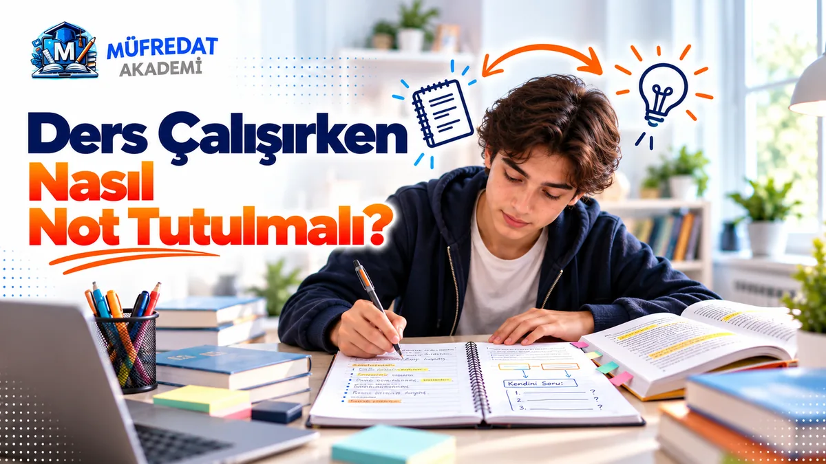 Masada açık spiral defterine kalemle not alan genç erkek öğrenci; defterin sol sayfasında madde işaretli ve vurgulu notlar, sağ sayfasında kutu-ok şeması ve numaralı sorular bölümü, yanında renkli ayraçlı açık bir kitap; üstte defter ile ampul arasında çift yönlü ok çizimi. Görselde 'Ders Çalışırken Nasıl Not Tutulmalı?' yazıyor.