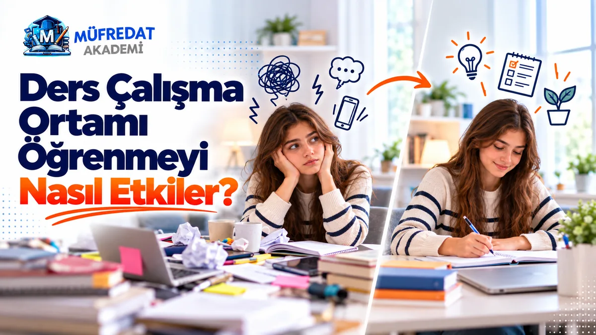 İkiye bölünmüş görsel: solda telefon, kitap ve buruşuk kâğıtlarla dolu dağınık masada sıkılmış görünen genç kız, başının üzerinde karmaşa ve bildirim çizimleri; sağda aynı öğrenci derli toplu masada gülümseyerek not alıyor, yanında ampul, liste ve saksı çizimleri. Görselde 'Ders Çalışma Ortamı Öğrenmeyi Nasıl Etkiler?' yazıyor.