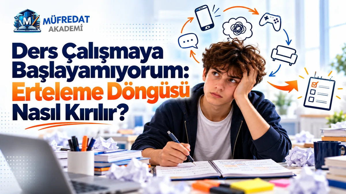Dağınık bir çalışma masasında elini başına koymuş, açık defterine bakamayan genç öğrenci; başının üstünde telefon, sohbet balonu, oyun kolu ve kanepe simgelerinden oluşan bir döngü ve döngüden çıkan okla işaretli yapılacaklar listesi. Görselde 'Ders Çalışmaya Başlayamıyorum: Erteleme Döngüsü Nasıl Kırılır?' yazıyor.