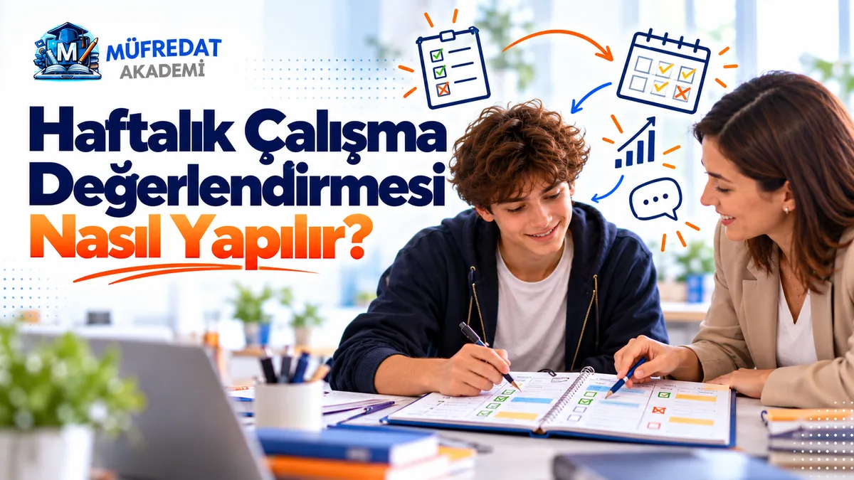 Kıvırcık saçlı bir öğrenci ile yanındaki kadın öğretmen, masadaki açık haftalık planlayıcıda işaretlenmiş ve çarpılmış kutuları kalemle gösteriyor; üstte kontrol listesi, takvim, yükselen grafik ve konuşma balonu simgeleri. Görseldeki başlık: Haftalık Çalışma Değerlendirmesi Nasıl Yapılır?