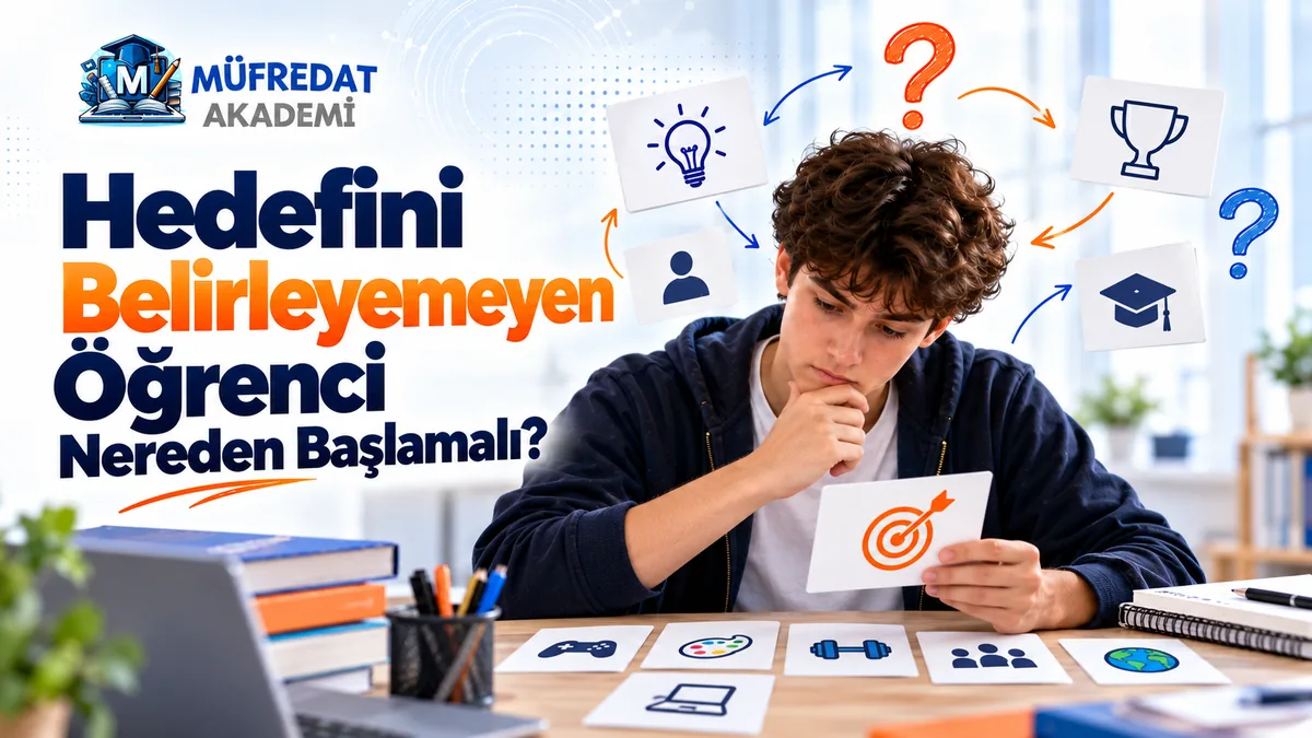 Masada ilgi alanlarını gösteren kartlara bakan düşünceli bir lise öğrencisi, elinde hedef simgeli bir kart; çevresinde soru işaretleri, ampul, kupa ve mezuniyet kepi simgeleri. Görseldeki başlık: Hedefini Belirleyemeyen Öğrenci Nereden Başlamalı?