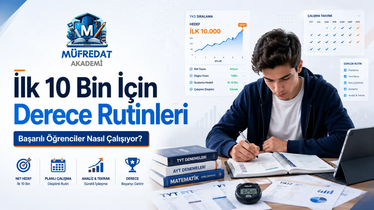 Masada TYT ve AYT deneme kitapları, kronometre ve tabletle defterine not alan öğrenci; arka planda 'Hedef İlk 10.000' yazılı sıralama grafiği, işaretli çalışma takvimi ve günlük rutin listesi; görselde 'İlk 10 Bin İçin Derece Rutinleri' ve 'Başarılı Öğrenciler Nasıl Çalışıyor?' yazıyor.