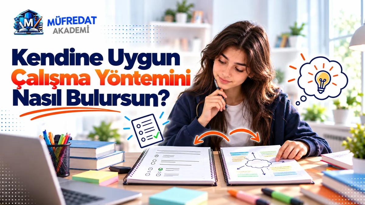 Masada yan yana açık iki spiral defterin arasında düşünceli biçimde kalem tutan genç kız öğrenci; defterlerden birinde işaretli seçenekler, diğerinde renkli bir kavram haritası var, aralarında çift yönlü oklar, üstte ampul ve kontrol listesi çizimi. Görselde 'Kendine Uygun Çalışma Yöntemini Nasıl Bulursun?' yazıyor.