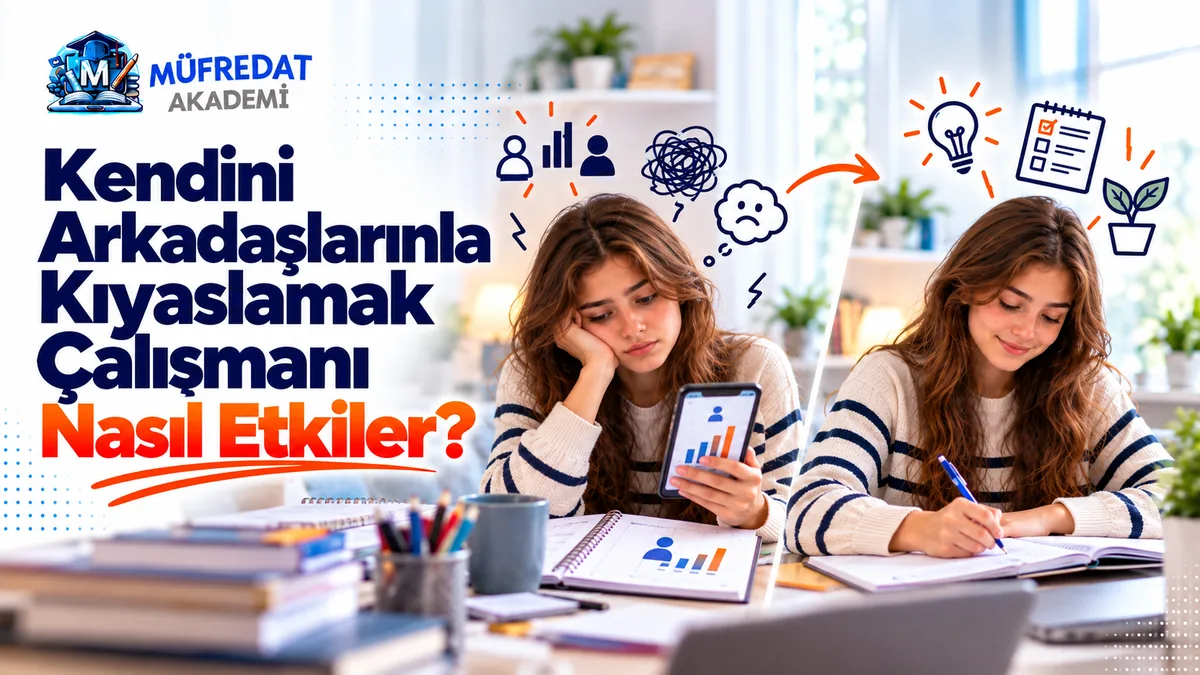 İkiye bölünmüş görsel: solda elindeki telefonda grafik gördükten sonra başını eline yaslamış üzgün bir kız öğrenci, üstünde karmaşa ve kıyas simgeleri; sağda aynı öğrenci gülümseyerek defterine not alıyor, üstünde ampul, kontrol listesi ve fidan çizimleri. Görseldeki başlık: Kendini Arkadaşlarınla Kıyaslamak Çalışmanı Nasıl Etkiler?
