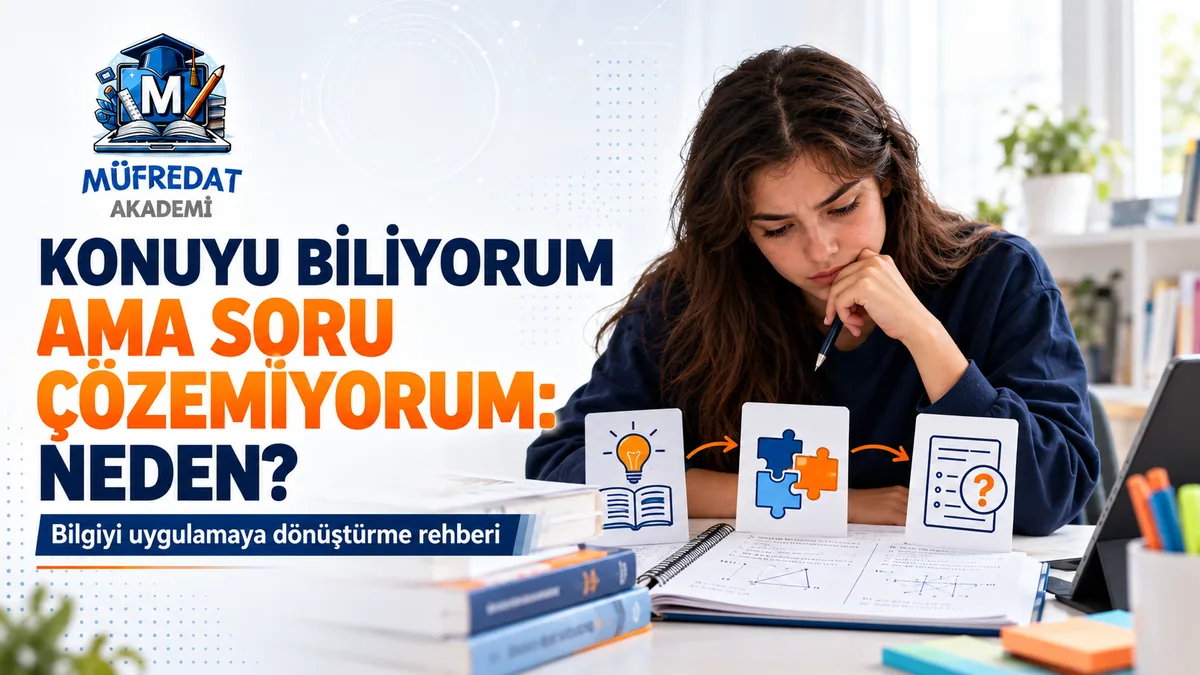 Masada açık defter ve kitaplarla düşünceli biçimde kalem tutan genç kız; önünde ampul, yapboz ve soru işaretli kâğıt simgeleri; görselde "Konuyu Biliyorum Ama Soru Çözemiyorum: Neden?" ve "Bilgiyi uygulamaya dönüştürme rehberi" yazıyor.