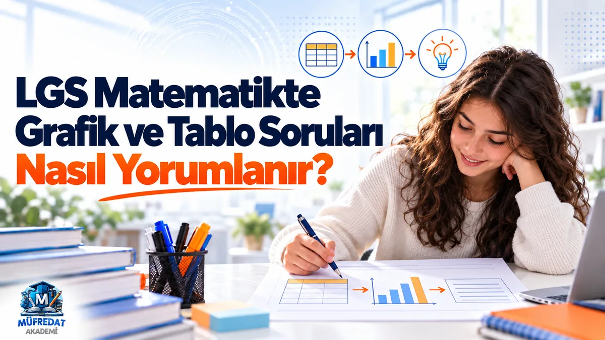 Uzun saçlı bir öğrenci masada tablo, sütun grafiği ve metin kutusunu oklarla bağlayan bir kâğıt üzerinde kalemle çalışıyor; üstte tablo, grafik ve ampul simgeleri, solda 'LGS Matematikte Grafik ve Tablo Soruları Nasıl Yorumlanır?' yazısı