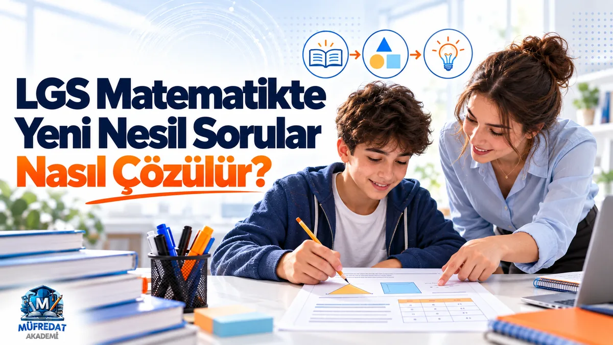 Masada geometri şekilleri ve tablo bulunan bir kâğıt üzerinde çalışan genç öğrenci ve ona parmağıyla bir noktayı gösteren öğretmen; üstte kitap, şekil ve ampul simgeleri, solda 'LGS Matematikte Yeni Nesil Sorular Nasıl Çözülür?' yazısı