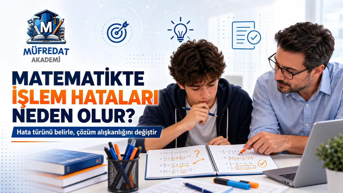 Masada defterindeki işlemlere bakan genç öğrenci ve yanında bir hatayı kalemle gösteren öğretmen; defterde işaretlenmiş işlemler, arkada hedef, ampul ve onay simgeleri; görselde "Matematikte İşlem Hataları Neden Olur?" ve "Hata türünü belirle, çözüm alışkanlığını değiştir" yazıyor.