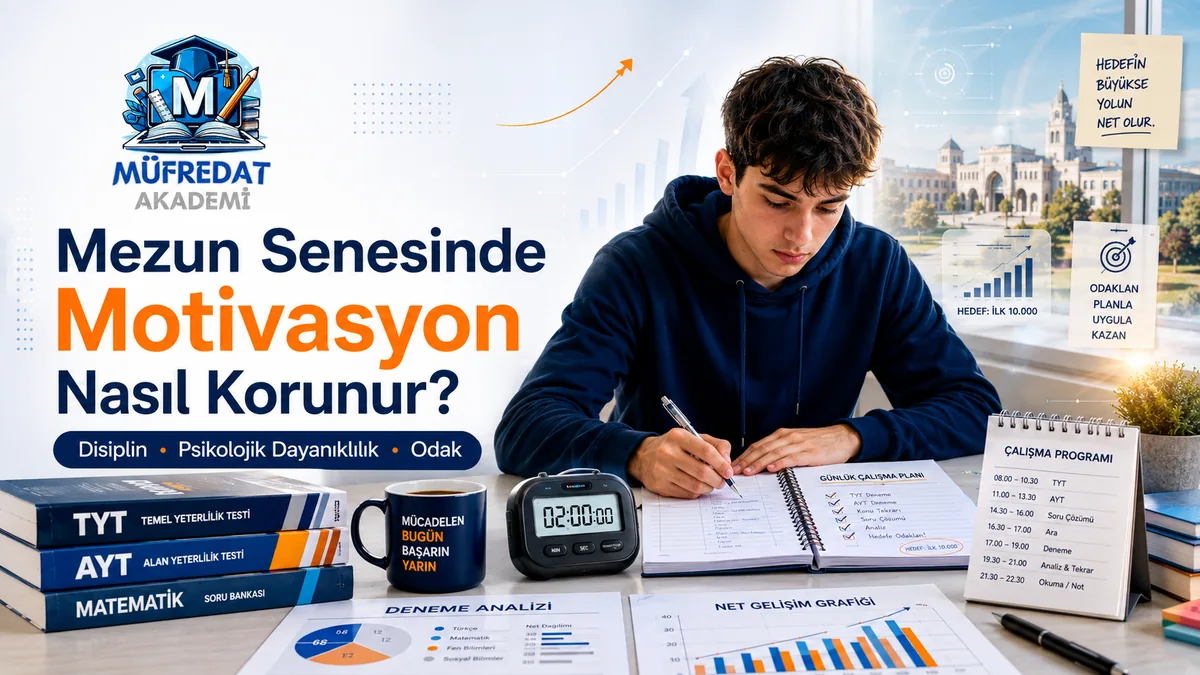 Masada çalışma planına not yazan lacivert kapüşonlu bir genç; önünde TYT, AYT ve matematik kitapları, kronometre, kupa, deneme analizi ve net gelişim grafiği kâğıtları, arkada üniversite binası görünen pencere ve çalışma programı takvimi. Görseldeki başlık: Mezun Senesinde Motivasyon Nasıl Korunur? Alt yazı: Disiplin, Psikolojik Dayanıklılık, Odak.