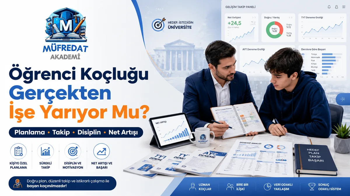 Takım elbiseli bir koç, öğrenciyle masada haftalık çalışma programı defterini inceliyor; masada deneme analizi kâğıtları ve net artışı grafiği gösteren bir tablet, arkada gelişim takip paneli ekranı. Başlık: Öğrenci Koçluğu Gerçekten İşe Yarıyor Mu?