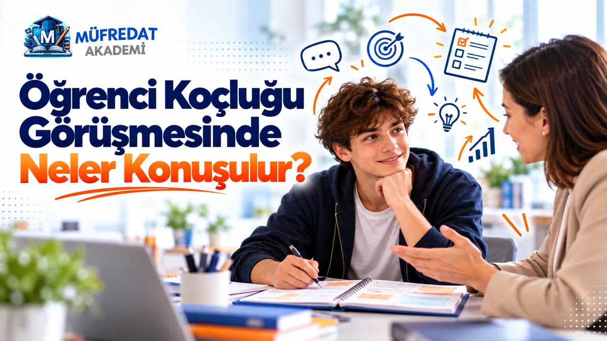 Gülümseyen genç bir öğrenci, masada açık plan defterine not alırken karşısındaki kadın koçu dinliyor; üstlerinde konuşma balonu, hedef tahtası, kontrol listesi, ampul ve yükselen grafik simgeleri. Başlık: Öğrenci Koçluğu Görüşmesinde Neler Konuşulur?