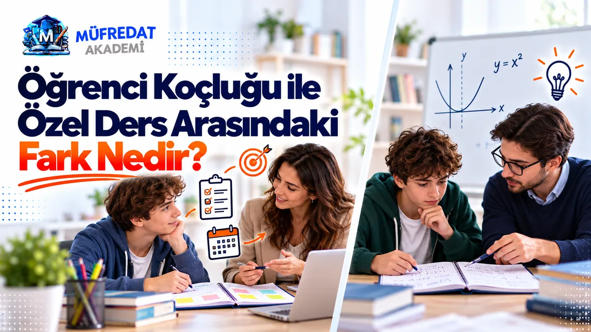İkiye bölünmüş sahne: solda kadın koç, kontrol listesi ve takvim simgeleri eşliğinde öğrenciyle plan defteri üzerinde konuşuyor; sağda erkek öğretmen, arkasındaki tahtada y = x² parabol grafiği varken öğrenciye defterde soru anlatıyor. Başlık: Öğrenci Koçluğu ile Özel Ders Arasındaki Fark Nedir?