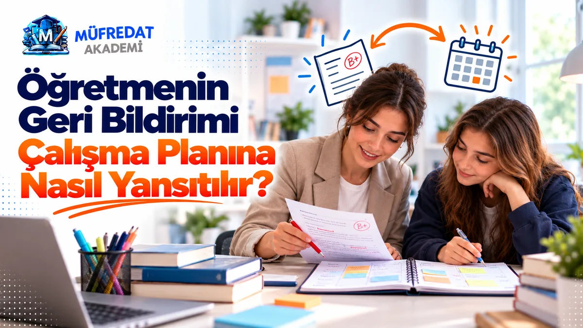 Masada bir kadın öğretmen üzerinde B+ notu ve kırmızı işaretler olan bir kâğıdı gösterirken yanındaki genç kız öğrenci açık haftalık planlayıcıya renkli notlar ekliyor; üstte notlu kâğıt ve takvim simgeleri arasında çift yönlü ok. Görseldeki başlık: Öğretmenin Geri Bildirimi Çalışma Planına Nasıl Yansıtılır?