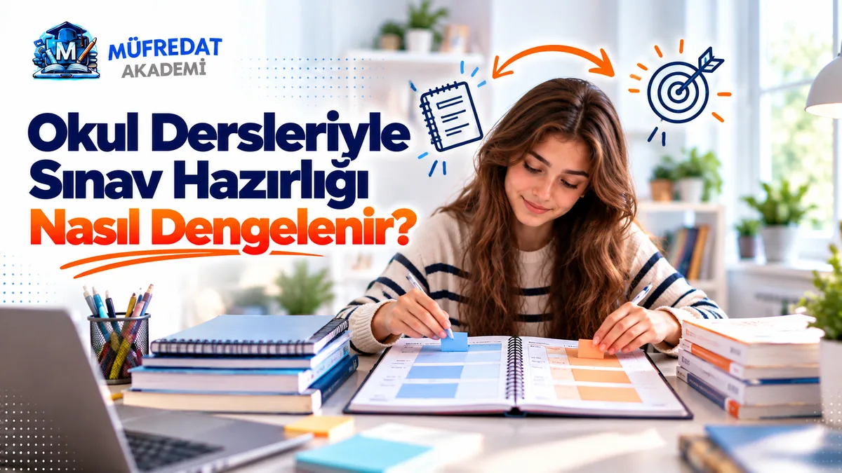 Uzun saçlı, çizgili kazaklı bir öğrenci masada açık duran planlayıcının iki sayfasına mavi ve turuncu yapışkan notlar yerleştiriyor; yanında kitap yığınları ve dizüstü bilgisayar, üstte defter ile hedef tahtası simgeleri arasında çift yönlü ok. Görseldeki başlık: Okul Dersleriyle Sınav Hazırlığı Nasıl Dengelenir?