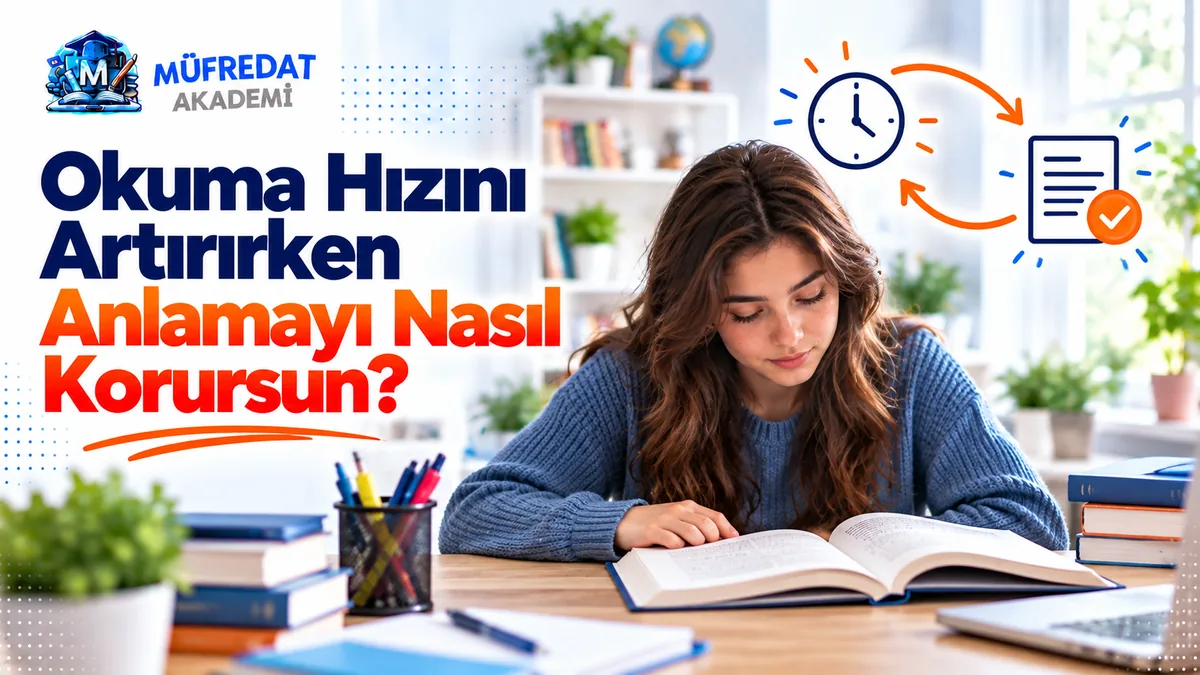 Uzun saçlı, mavi triko giymiş bir öğrenci aydınlık bir odada masada açık kitabı dikkatle okuyor; sağ üstte saat ile onay işaretli belge arasında dönen oklar. Başlık: Okuma Hızını Artırırken Anlamayı Nasıl Korursun?