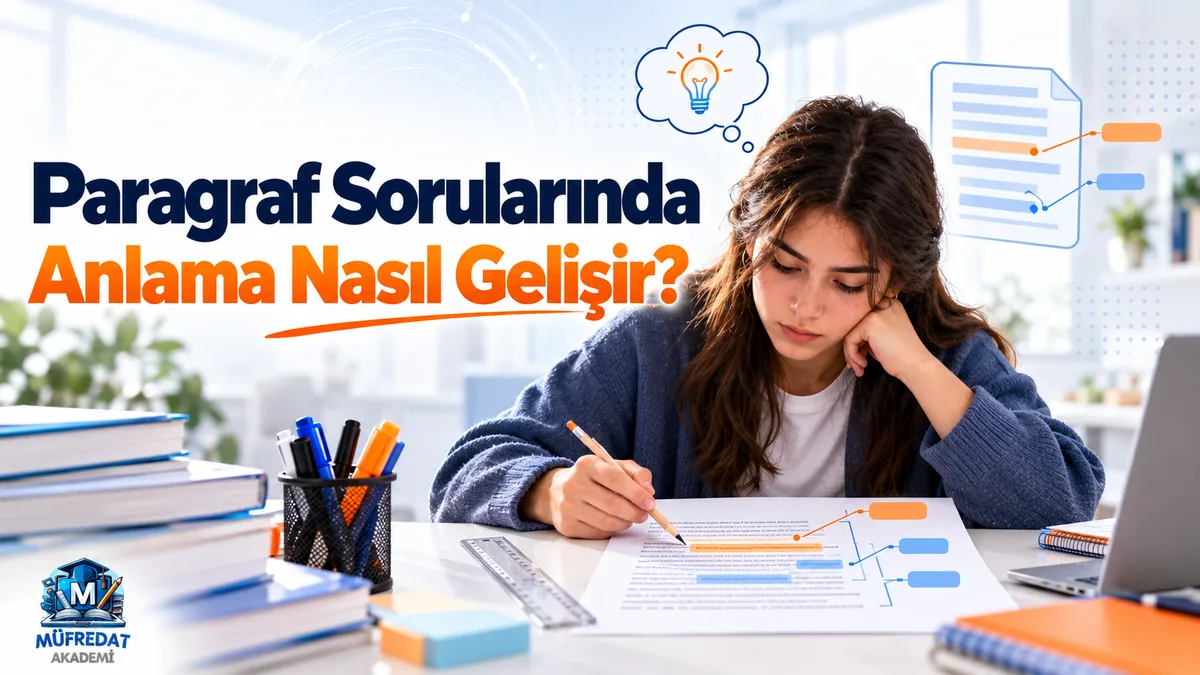 Uzun saçlı bir öğrenci masada eli yanağında, kalemle paragraf metninin satırlarını turuncu ve mavi etiketlerle işaretliyor; başının üstünde ampullü düşünce balonu, sağda işaretlenmiş bir belge simgesi. Başlık: Paragraf Sorularında Anlama Nasıl Gelişir?