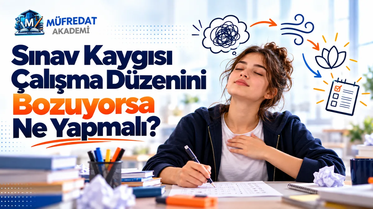 Masada optik form ve kitaplar arasında gözlerini kapatıp elini göğsüne koyarak derin nefes alan bir kız öğrenci; üstünde karmaşık düşünce bulutundan rüzgâr, çiçek ve kontrol listesine uzanan oklarla çizilmiş simgeler, masada buruşuk kâğıtlar. Görseldeki başlık: Sınav Kaygısı Çalışma Düzenini Bozuyorsa Ne Yapmalı?