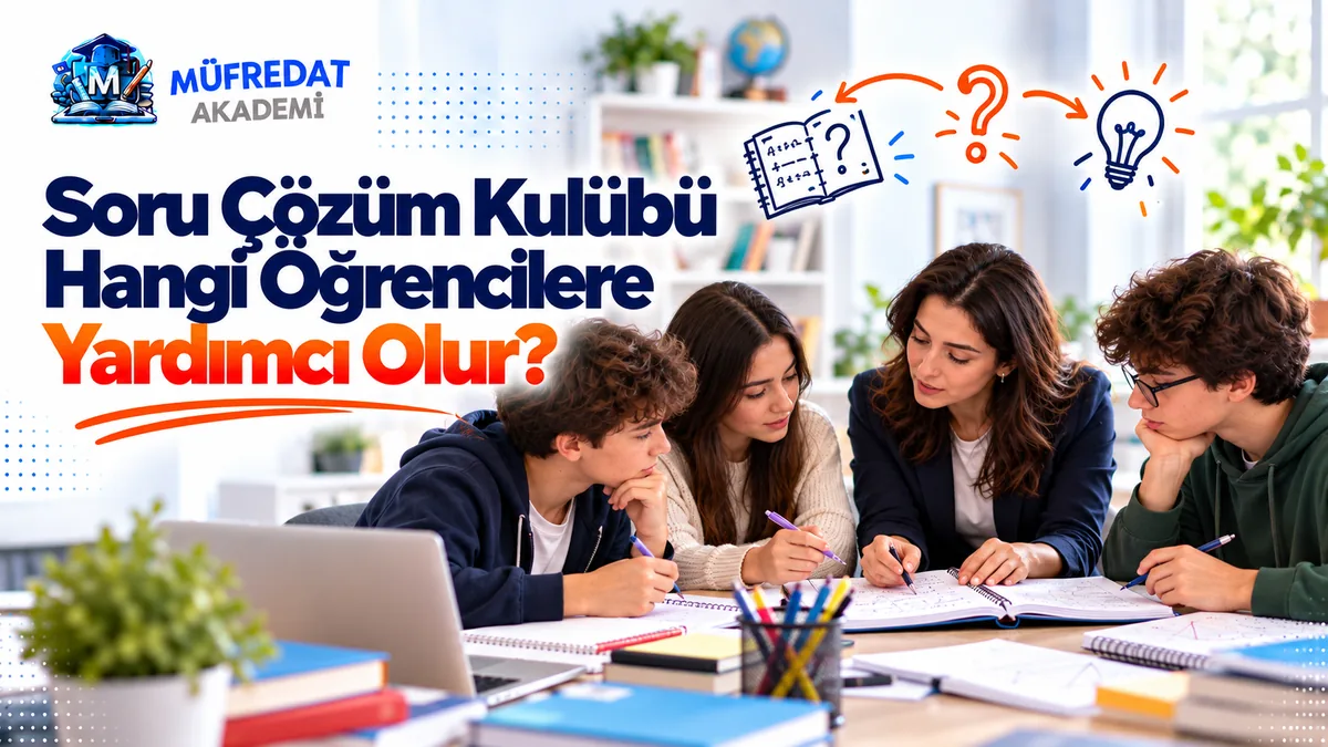 Aydınlık bir çalışma odasında bir kadın öğretmen, masanın etrafındaki üç öğrenciyle birlikte açık deftere bakarak bir soruyu tartışıyor; üstte soru işaretli defterden ampule uzanan oklar. Başlık: Soru Çözüm Kulübü Hangi Öğrencilere Yardımcı Olur?