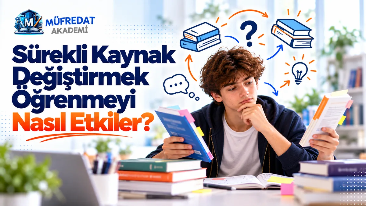 Masada kitap yığınları arasında iki elinde iki farklı kitap tutan, düşünceli bakan genç öğrenci; başının üzerinde kitaplar arasında gidip gelen oklar, soru işareti, konuşma balonu ve ampul çizimleri. Görselde 'Sürekli Kaynak Değiştirmek Öğrenmeyi Nasıl Etkiler?' yazıyor.