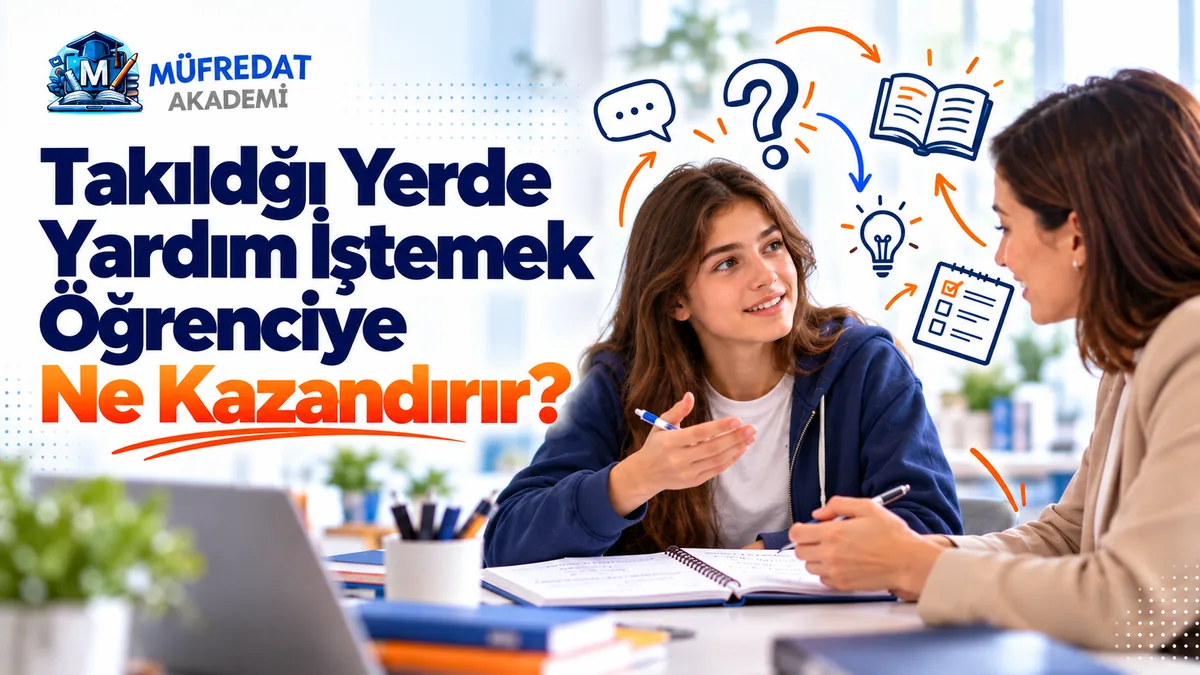Lacivert kapüşonlu genç bir kız öğrenci masada açık defterinin başında elini açıklar gibi uzatarak karşısındaki kadın öğretmenle konuşuyor; üstte konuşma balonu, soru işareti, açık kitap, ampul ve kontrol listesi simgeleri oklarla birbirine bağlı. Görseldeki başlık: Takıldığı Yerde Yardım İstemek Öğrenciye Ne Kazandırır?