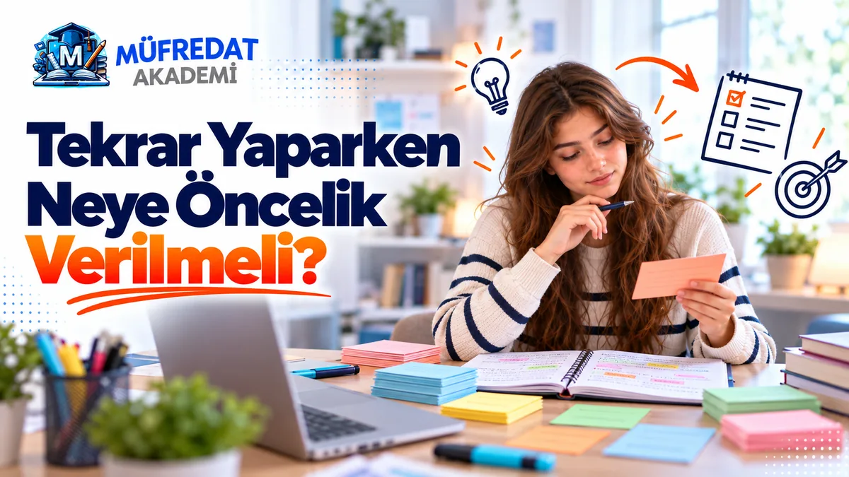 Masada renkli kart desteleri ve açık defter arasında elindeki pembe kartı inceleyen çizgili kazaklı genç kız öğrenci; üst tarafta ampul, işaretli kontrol listesi ve hedef tahtası çizimleri. Görselde 'Tekrar Yaparken Neye Öncelik Verilmeli?' yazıyor.
