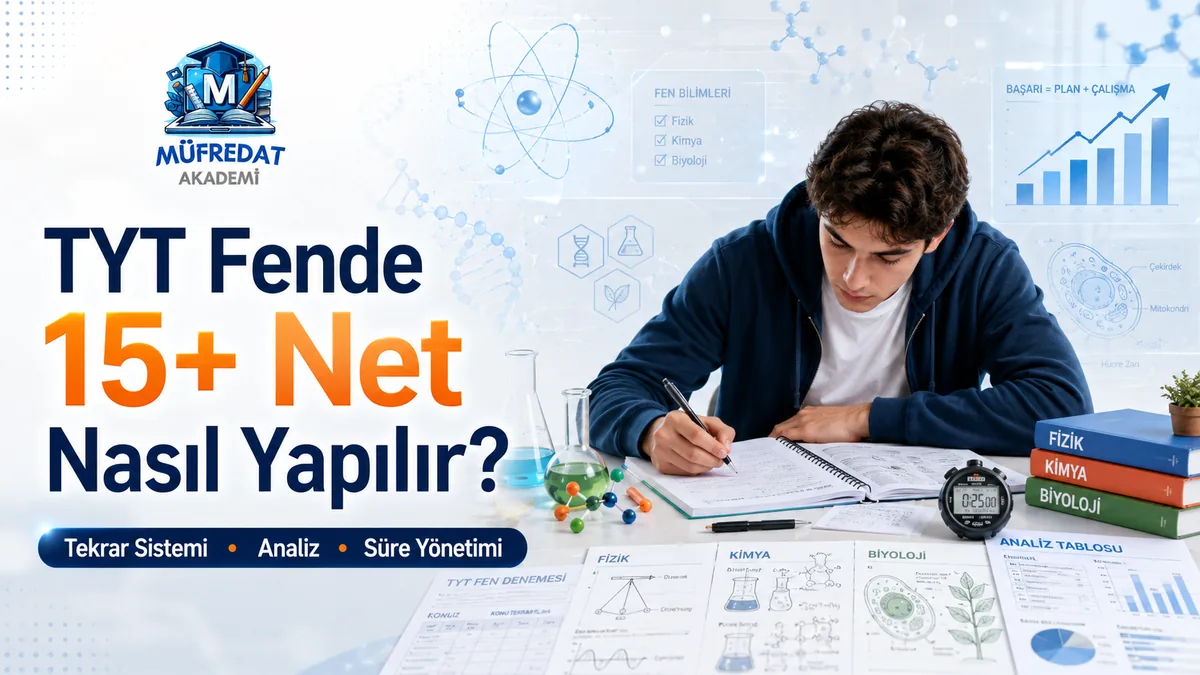 Fizik, kimya ve biyoloji çalışma kâğıtları, deney tüpleri, molekül modeli ve kronometre bulunan masada not alan öğrenci; arkada atom modeli ve yükselen grafik, solda 'TYT Fende 15+ Net Nasıl Yapılır?' ve 'Tekrar Sistemi, Analiz, Süre Yönetimi' yazısı