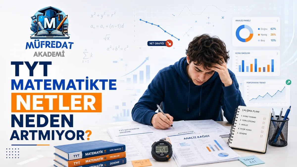 Masada TYT matematik denemesi, analiz kâğıdı ve kronometre önünde elini başına koymuş yazı yazan öğrenci; arkada düşen net grafiği, doğru-yanlış-boş oranlarını gösteren analiz paneli ve çalışma planı defteri; görselde "TYT Matematikte Netler Neden Artmıyor?" yazıyor.