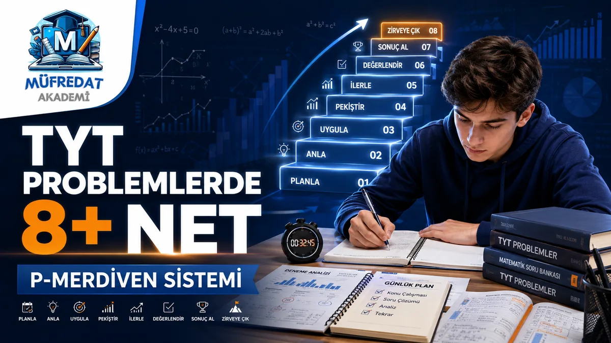 Masada TYT problemler kitapları, kronometre ve günlük plan defteriyle çalışan öğrenci; arkada Planla, Anla, Uygula, Pekiştir, İlerle, Değerlendir, Sonuç Al ve Zirveye Çık yazan, yukarı doğru yükselen sekiz basamaklı ışıklı merdiven; görselde "TYT Problemlerde 8+ Net" ve "P-Merdiven Sistemi" yazıyor.