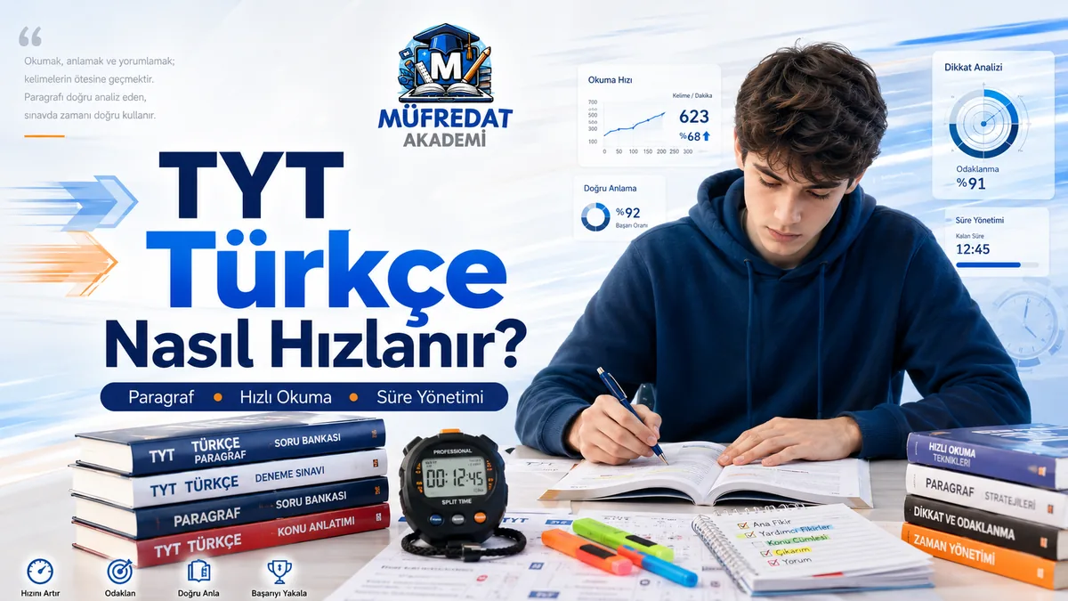 Lacivert kapüşonlu bir öğrenci masada kitaba yazarken; önünde kronometre, TYT Türkçe ve paragraf kitapları, fosforlu kalemler; arka planda okuma hızı, doğru anlama, dikkat analizi ve süre yönetimi grafik panelleri. Başlık: TYT Türkçe Nasıl Hızlanır? Alt başlık: Paragraf, Hızlı Okuma, Süre Yönetimi.