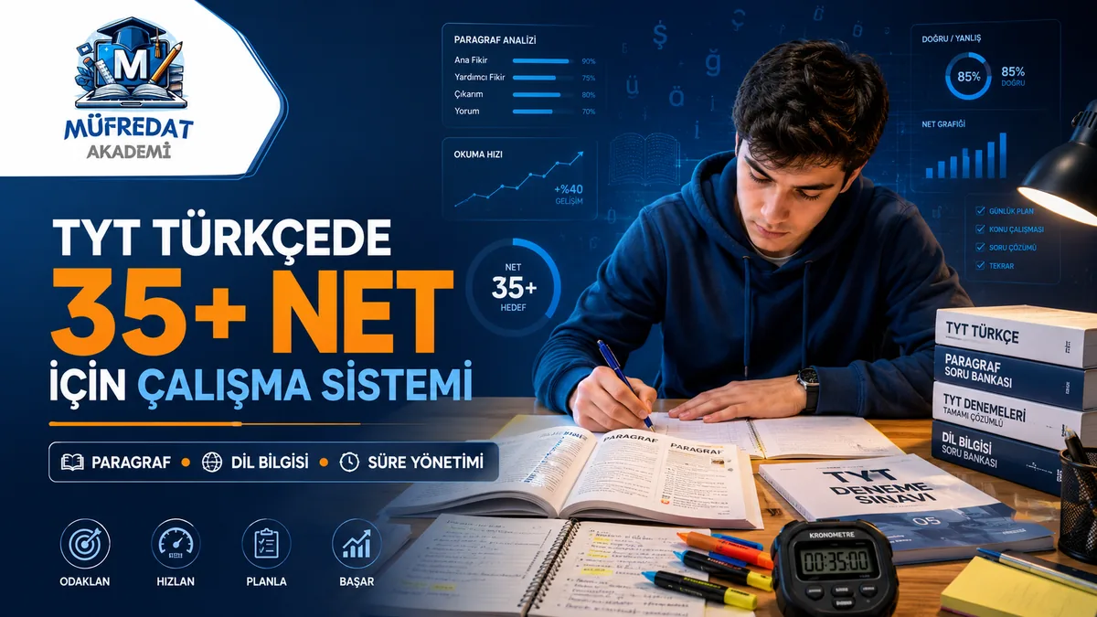Gece masa lambası altında lacivert kapüşonlu bir öğrenci açık paragraf kitabına yazıyor; masada kronometre, TYT deneme sınavı, dil bilgisi ve paragraf soru bankaları; arka planda paragraf analizi, okuma hızı ve net grafiği panelleri. Başlık: TYT Türkçede 35+ Net İçin Çalışma Sistemi. Alt başlık: Paragraf, Dil Bilgisi, Süre Yönetimi.
