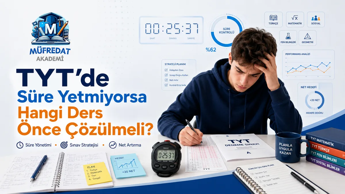 Başını eline dayamış, TYT deneme sınavı kitapçığı ve optik form üzerinde çalışan bir öğrenci; masada kronometre, Türkçe-Matematik-Fen-Sosyal sıralı bir plan notu ve TYT kitapları, arka planda dijital sayaç, süre kontrolü halkası ve ders simgeleri; başlık: TYT'de Süre Yetmiyorsa Hangi Ders Önce Çözülmeli?