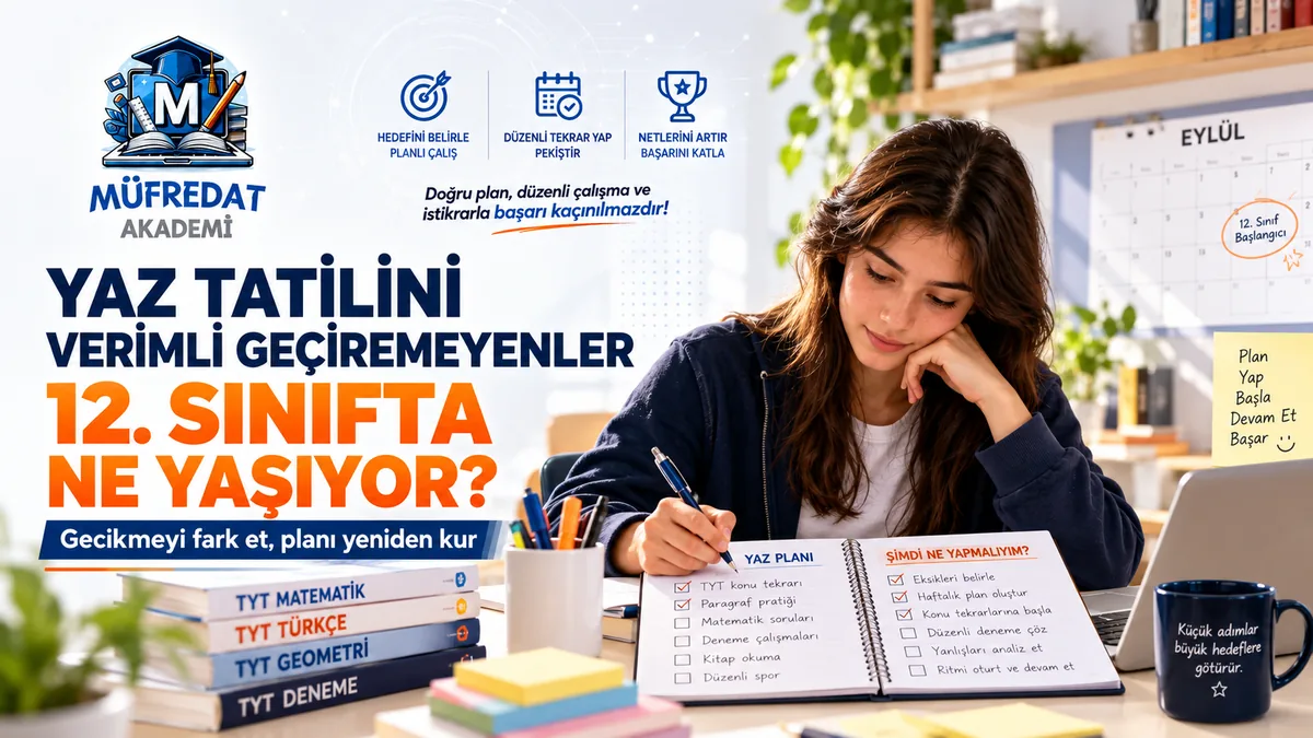 Eylül takvimi ve “12. Sınıf Başlangıcı” notunun önünde defterine plan yazan öğrenci; defterde “Yaz Planı” ve “Şimdi Ne Yapmalıyım?” listeleri, görselde “Yaz Tatilini Verimli Geçiremeyenler 12. Sınıfta Ne Yaşıyor? Gecikmeyi fark et, planı yeniden kur” yazıyor.