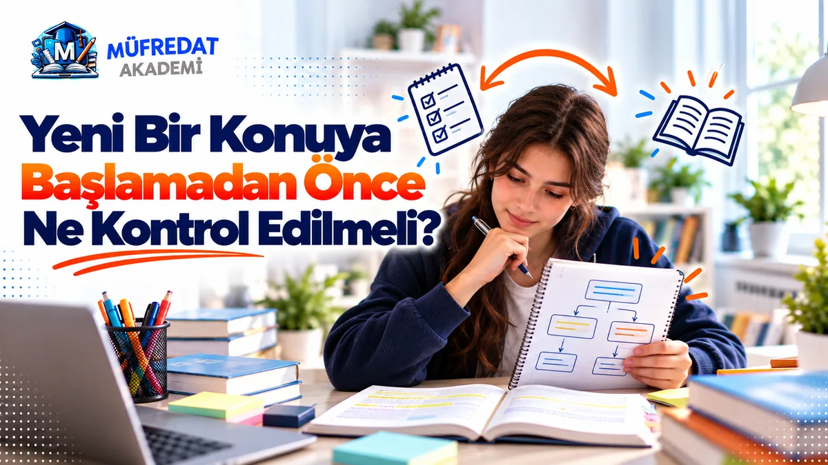 Masasında açık kitap ve renkli yapışkan notlar bulunan, elindeki spiral defterde kutu ve oklardan oluşan bir kavram şemasını inceleyen genç kız öğrenci; üst tarafta işaretli kontrol listesi ile açık kitap arasında çift yönlü ok çizimi. Görselde 'Yeni Bir Konuya Başlamadan Önce Ne Kontrol Edilmeli?' yazıyor.