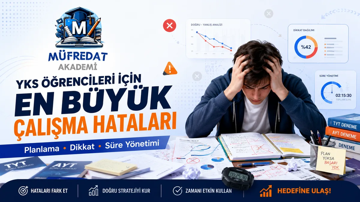 Deneme kâğıtları, soru bankaları ve kronometreyle dolu dağınık bir masada başını ellerinin arasına almış öğrenci; arka planda doğru-yanlış analizi, dikkat dağılımı ve süre yönetimi grafikleri; görselde 'YKS Öğrencileri İçin En Büyük Çalışma Hataları' ve 'Planlama • Dikkat • Süre Yönetimi' yazıyor.