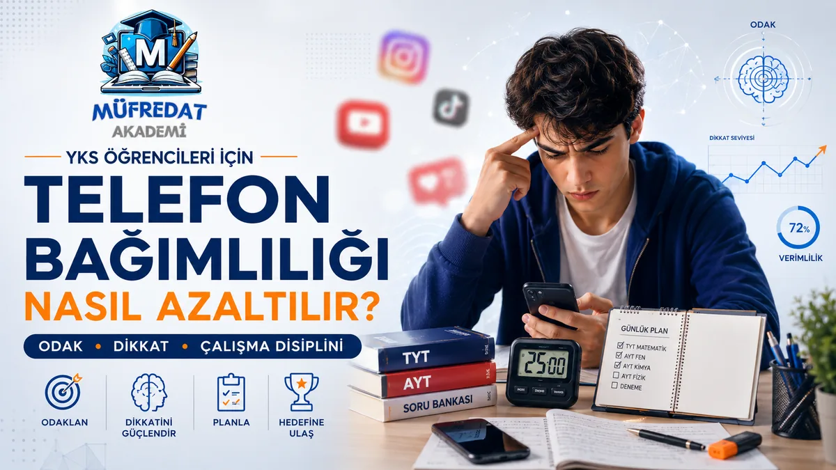Masada bir eliyle şakağına dokunup diğer elindeki telefona bakan kaygılı bir genç; önünde TYT, AYT ve soru bankası kitapları, 25:00 gösteren dijital sayaç ve günlük plan defteri, arka planda bulanık sosyal medya simgeleri ve dikkat grafikleri. Görseldeki başlık: YKS Öğrencileri İçin Telefon Bağımlılığı Nasıl Azaltılır?